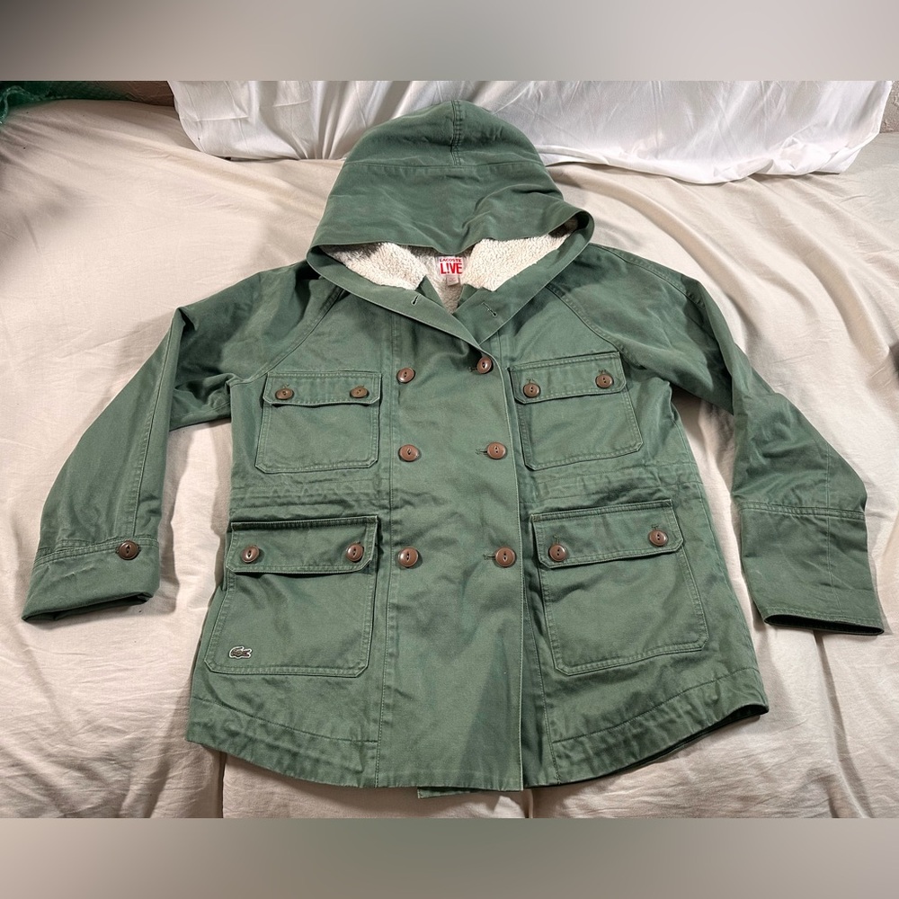Lacoste Live Utility Field Olive Green Sherpa Lined Med Fishtail Military Coat
